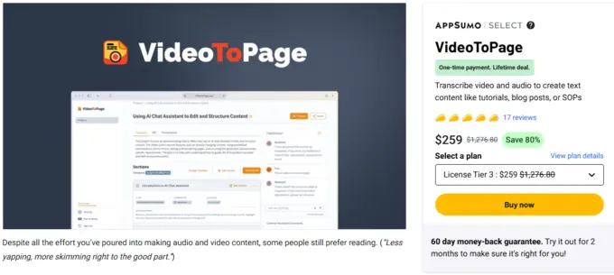 VideoToPage Coupon - 80% OFF VideoToPage Lifetime Deal from Appsumo 1 VideoToPage Lifetime Deal from Appsumo
