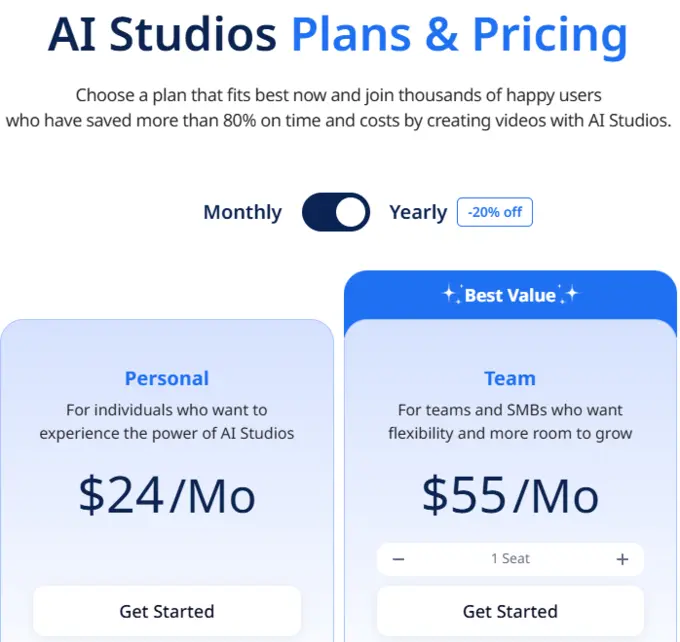 AI Studios discount 20% off on yearly plans
