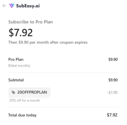 54% OFF SubEasy.ai Coupon! One-time Payment. Lifetime Deal! 4 Apply SubEasy.ai Coupon Code - Get 20% off a month
