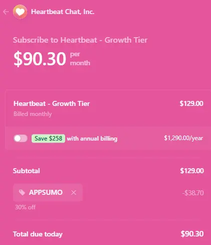 Heartbeat Chat Lifetime Deal from Appsumo 5 Heartbeat.chat Coupon - 30% OFF Growth Plan
