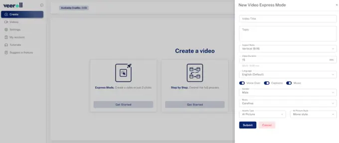 Veeroll Review 2025: Is Veeroll the Ultimate AI Video Creation Tool? 2 A preview of the Veeroll video creation dashboard featuring script input, voice-over options, and stock library access.