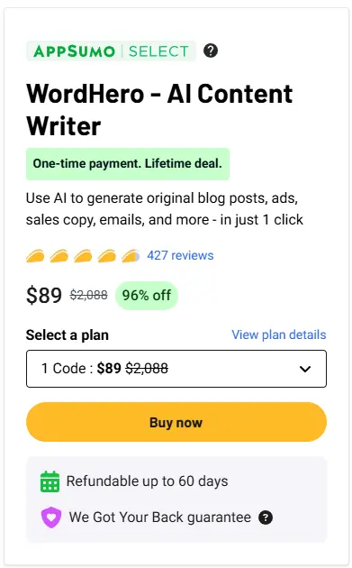 WordHero discount up to 40% on Annual Plans 5 WordHero Lifetime Deal on Appsumo - 96% Discount on WordHero AI Content Writer