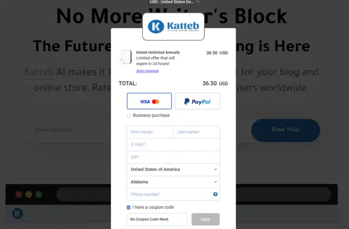 katteb discount - get 1 year for only -36.5