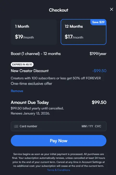 Creators with 100 subscribers or less get 50% off FOREVER 1 vidIQ Discount - Creators with 100 subscribers or less get 50% off FOREVER
